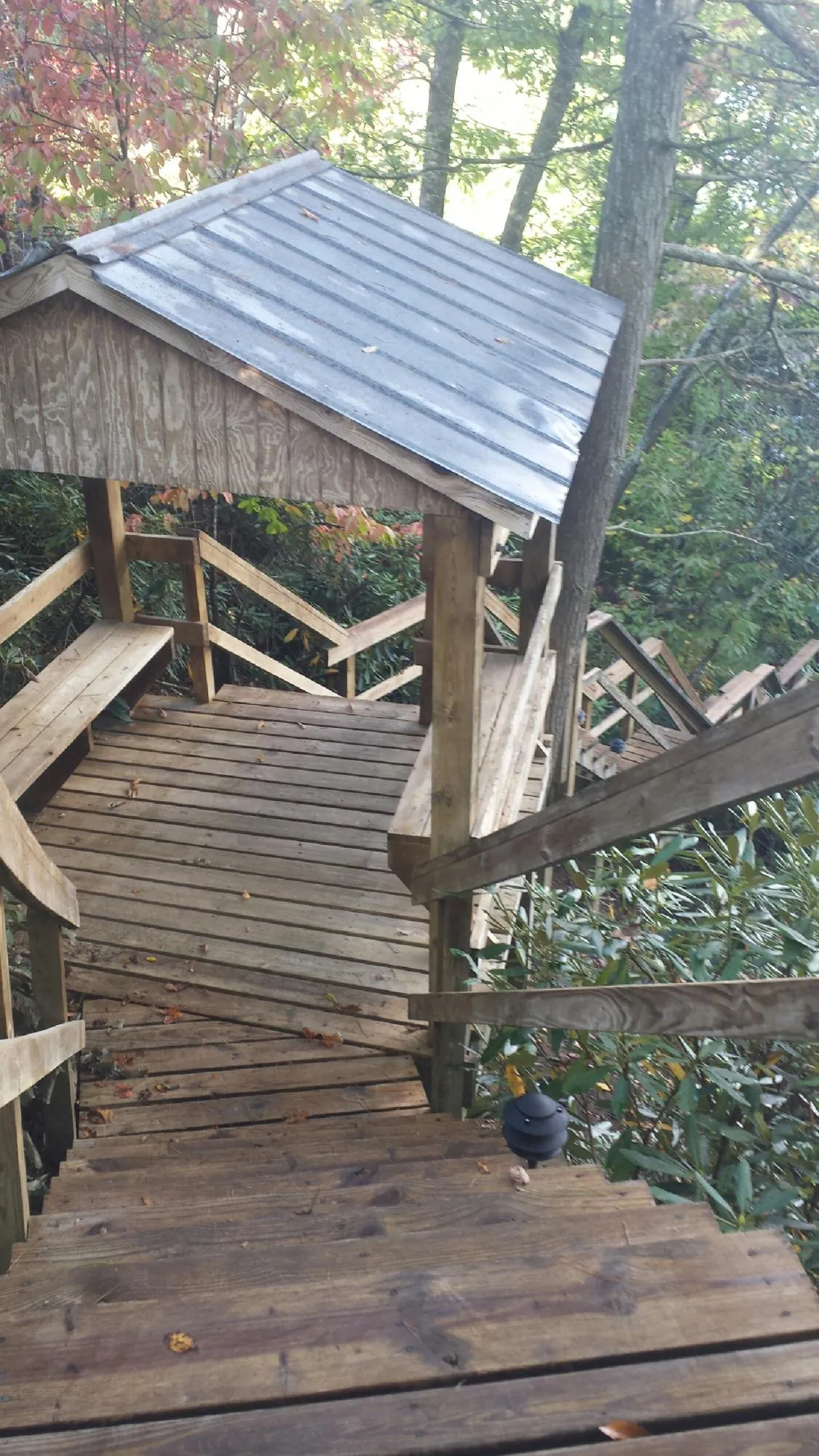 Metal roofed shelter over wooden steps on a wooded walkway — Skylight Repair & Installation work by our crew in Deforest